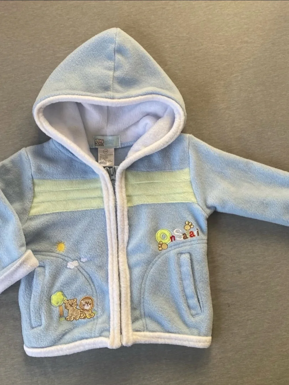 Soft Blue Hooded Baby Jacket with Animal Embroidery